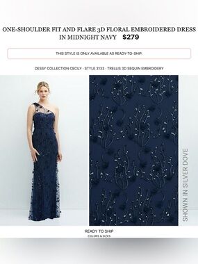 Nordstrom One-Shoulder Embroidered Evening Gown in Navy
